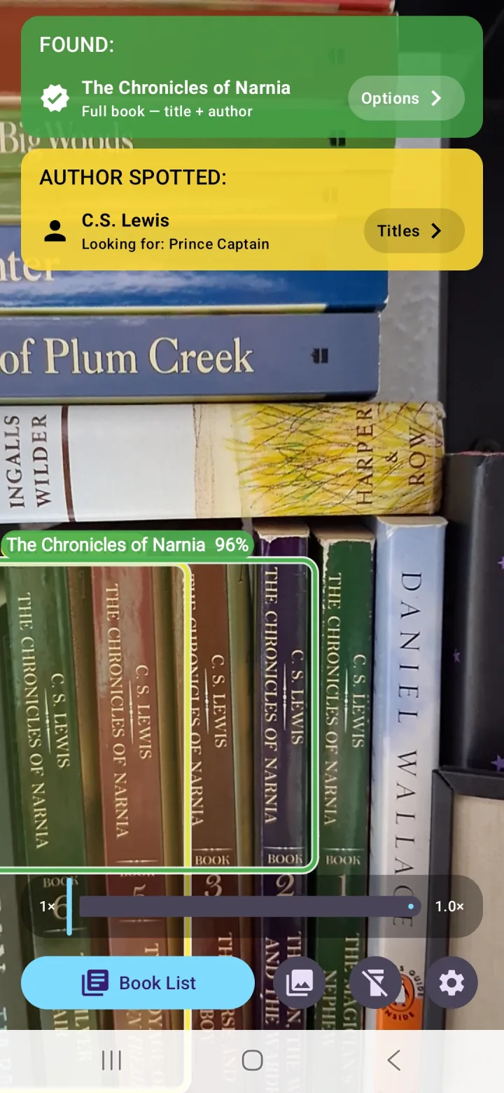 Book Spotter on Android: The Chronicles of Narnia found in green, plus a yellow banner noting C.S. Lewis was spotted while looking for Prince Caspian