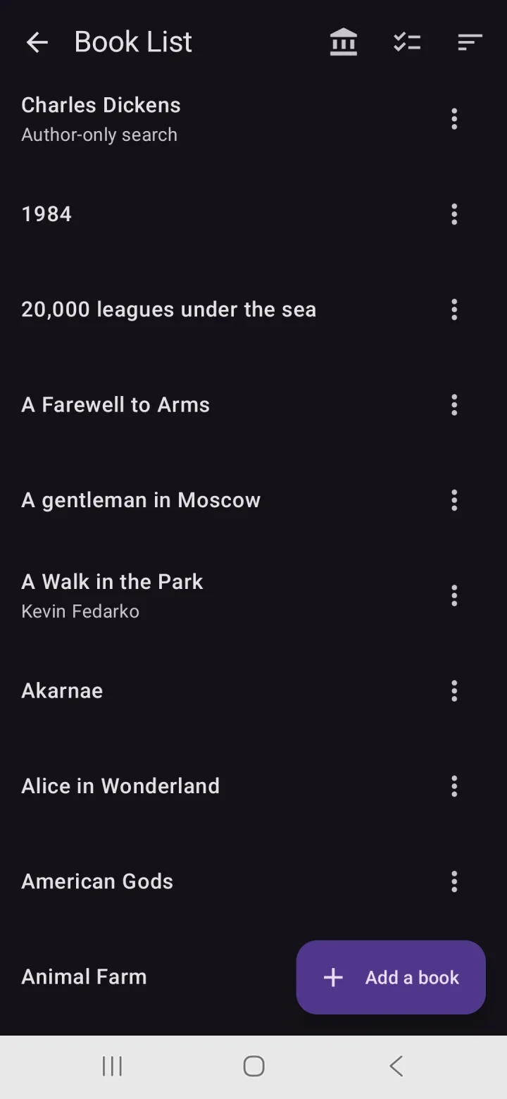 Book Spotter on Android: the Book List screen showing titles, an author-only search, and an Add a book button